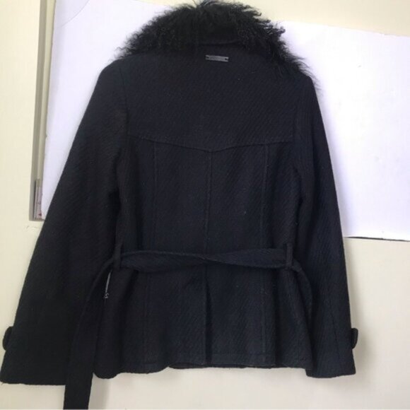 2 Xpose Boucle Pea Belted Coat Removable Fur Collar Pockets Texture Wool Short L - Picture 11 of 16